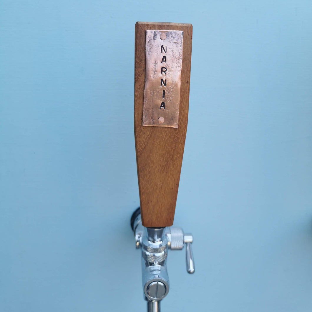 Upcycled Mahogany Tap Handles with Custom Copper Plate